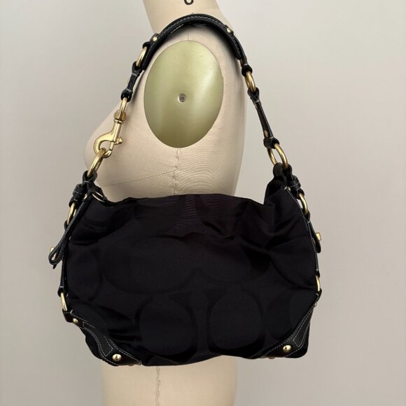 Vintage Coach Carly Bag Black Leather Jacquard Signature Hobo Shoulder Handbag - Picture 4 of 10